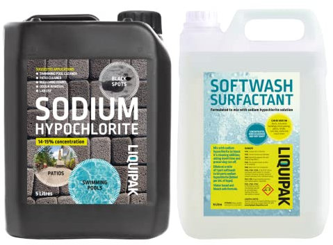 Liquipak Sodium Hypochlorite & Softwash Surfactant 2x5L | Patio & Driveway Cleaning | Powerful Bleach Solution & Surfactant | Exterior Cleaning Strength Pack