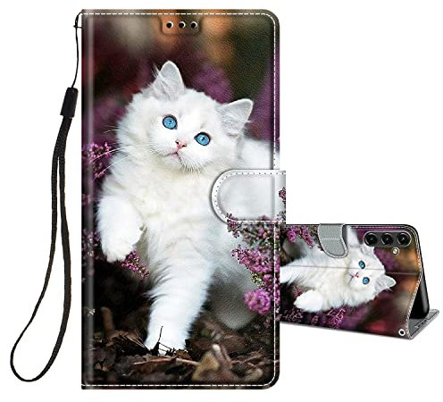 HopMore Handyhülle für Samsung Galaxy A14 4G / 5G Leder Hülle, PU Lederhülle Klappbar Hülle Flip Case Schutzhülle mit Motiv für Samsung A14 4G / 5G Klapphülle Stoßfest Handytasche Cover, Weiße Katze