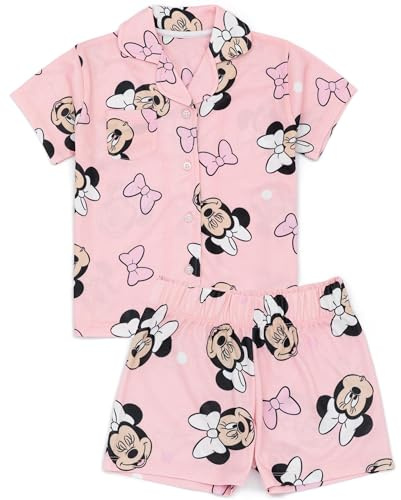 Disney Minnie Mouse Girls Pyjamas | Pink Loungewear Shirt & Shorts PJs For Kids | Bow All Over Print Short Sleeve Button-Up & Short Leg Bottom | Nightwear Merchandise Gift for Toddlers & Children