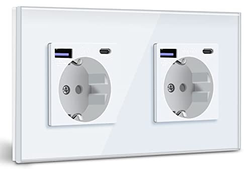 BSEED Schuko Steckdose mit USB C 20W Schnellladegerät USB Type C Wandsteckdose mit Glas Panel, 2 Fach Steckdose, USB Steckdose Unterputz, Einbausteckdose Geeignet für Phone, Pad, MP3 und mehr-Weiß