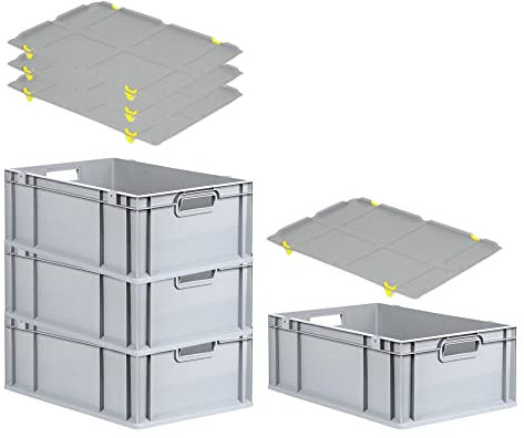 SuperSparSet 4x Eurobox NextGen Grip mit Auflagedeckel & 4 gelben Schiebeschnappverschlüssen, HxBxT 22x40x60cm, 44L, Griffe offen, Verstärkter Boden, Eurobehälter Transportbox Transportbehälter