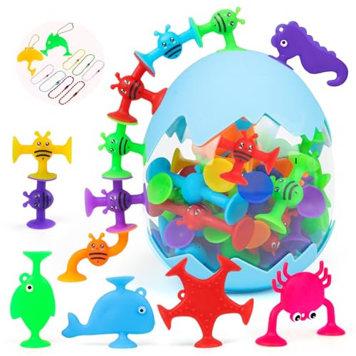Jouets à Ventouses Silicone, 45 Pièces Jouets de Bain avec Chaînes pour Enfants de 3 ans, Jouets d' Aspiration Pour Bebe, Cadeaux Montessori Sensoriels pour Les Garçons et Les Filles âgés de 4 à 8 ans