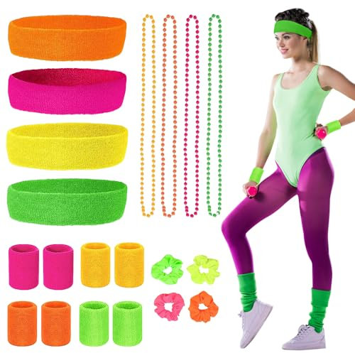 mizikuu 20 Stück Neon Schweißbander Set, 80er Retro Stirnband Schweissband Sport Farbe Bunte Halskette Haarring 80s 90er Jahre Kostüm Zubehör Thema Outfit Accessoires für Karneval Party