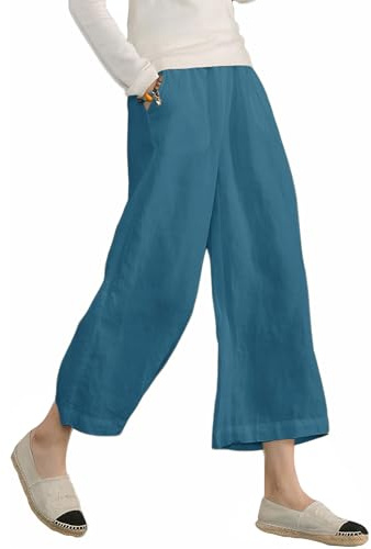 Ecupper Capris Hose Damen Sommer Stoffhose Weitehosen | Damen Sommerhose Capris, elastischer Bund, weite Beine, Baumwolle atmungsaktiv, mit seitliche Taschen, Freizeit & Reisen