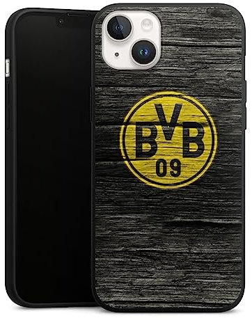 Premium Silikon Hülle kompatibel mit Apple iPhone 14 Handyhülle schwarz Case Borussia Dortmund BVB Holzoptik