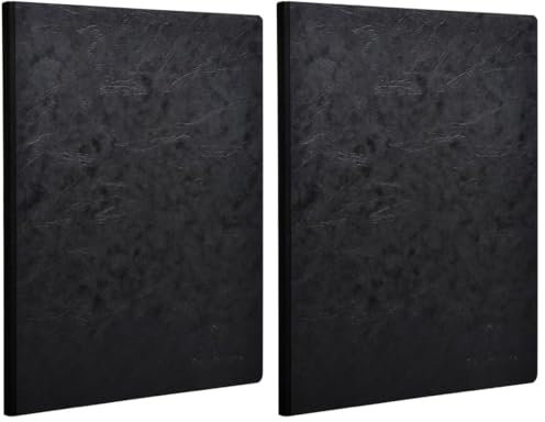 Clairefontaine - Ref 791401C - Age Bag Clothbound Notebook (192 Pages) - A4 Size, Plain Rulings, 90gsm Brushed Vellum Paper - Black Leather Effect Cover (Pack of 2)