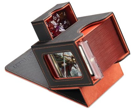 Mage Tech Caja de Mazos Commander para MTG - Diseño Patentado, Exhibición de Commander, Apta para 100 Cartas con Doble Funda, Soporte Magnético de Cartas de 35pt & Bandeja para Dados - Oscuro/Naranja