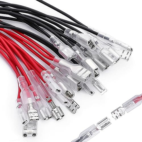 6.3mm Quick Female Spade Wire 18 Awg Splice Connectors Speaker Single Head Crimp Terminal Insulation Sleeve with Red and Black Wires Assortment Kit(25 Each Red and Black)