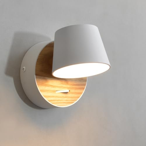 Applique Murale Blanche avec Interrupteur,Led Lampe en Bois Rotative 360° 5w au Industriel,Lampe de Lecture Rétro Métal pour Intérieur,Lampe Murale de Designer Pour Lit,Chambre,Couloir,Salon,1pcs