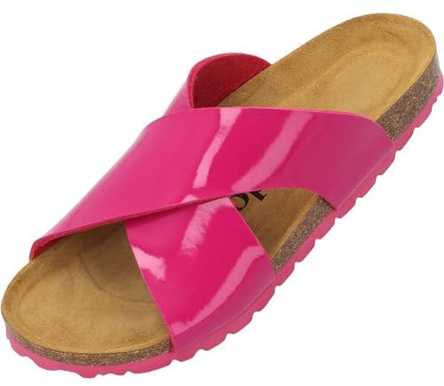 Palado Pantoletten Damen Rianel - bequeme Sandalen mit gekreuzten Riemen - Hausschuhe - modische Sommerschuhe Pink Lack UK9 - EU42