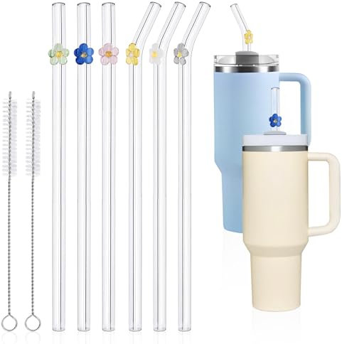 JEPELUS Stanley Lot de 6 pailles de rechange en verre transparent résistant aux chocs avec fleur, pailles mignonnes réutilisables avec breloques, 30,5 cm x 10 mm de long avec 2 brosses de nettoyage