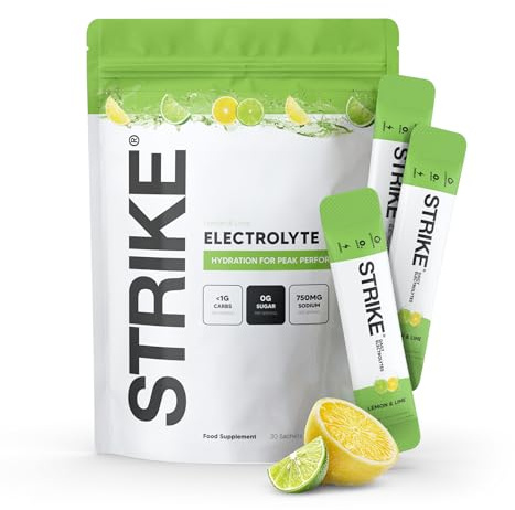 Strike Electrolytes | Zero Sugar Hydration Sachets with Sodium, Magnesium, Vitamin C & Trace Minerals | Vegan, Keto, Gluten-Free | Daily Electrolytes Powder (30 Sachets, Lemon Lime)