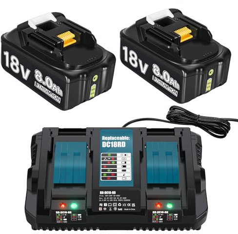2X 18V 8.0Ah Ersatzakku BL1860B + Dual Port 6A DC18RD Ladegerät 18V Akku Kompatibel mit BL1860 BL1860B BL1850B BL1850 BL1840B BL1830B LXT-400
