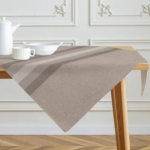 Kiatuniya Tischdecke Streifen Beige Braun Mitteldecke Modern Winter Leinen Tischtuch Vintage Abwaschbar Tischdecken Landhausstil für Frühling Herbst Küche Tischdeko Party Dekor 85x85 cm