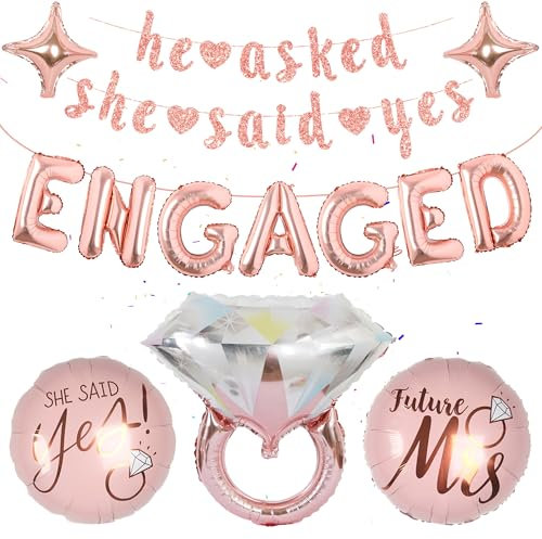 Hochzeit Verlobung Deko Rosegold - 32 Stück Set, Engaged Luftballons, She Said Yes Banner, Mr, Mrs, Diamant, Ehering Ring Ballon, Zubehör für Verlobungsfeiern, Bride To Be Deko