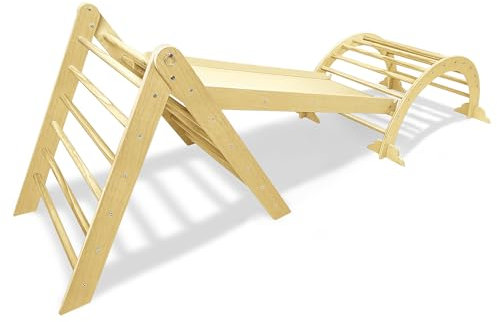 XMTECH 3-in-1 Kletterdreieck aus Holz mit Rutsche Kletterbogen Kletterleiter Klettergerüst Indoor, Faltbarer Kletterdreieck für Kleinkinder ab 12 Monate, bis 40 KG belastbar