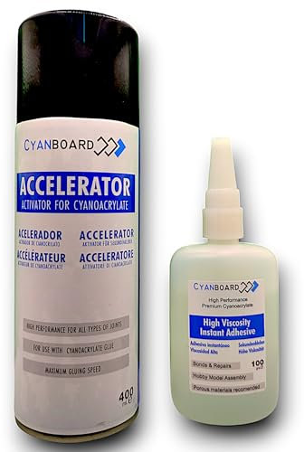 Cyanboard, Kit adhesivo de cianoacrilato de alta viscosidad (100grs) + Activador acelerador tapa poros (400ml). Adhesivo instantáneo para materiales porosos: madera, goma, cuero.