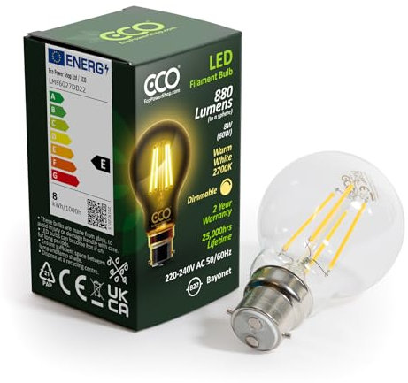 ECO 60W Equivalent 8W Dimmable LED Filament Light Bulb, 880 Lumens, Warm White 2700K, B22 2-pin Bayonet, 25,000hrs Lifetime.