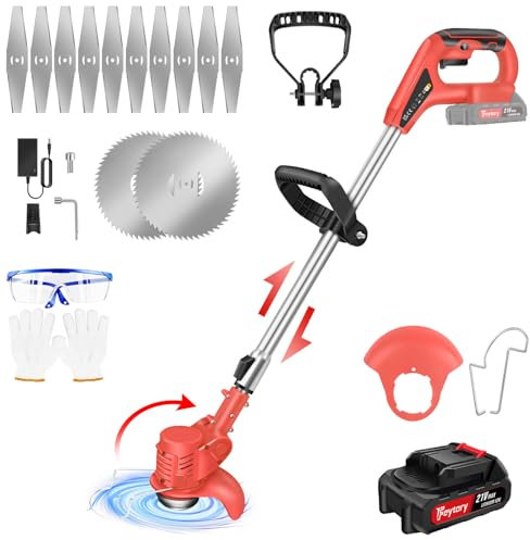 Coupe-Bordures sans Fil 21V, 125mm, 10000 TR/Min, Coupe-Herbe sans Fil 1.5 Ah Batterie, Coupe Bordures, Chargeur Rapide Inclus, Manche télescopique, 2 Types De Lames, Rouge