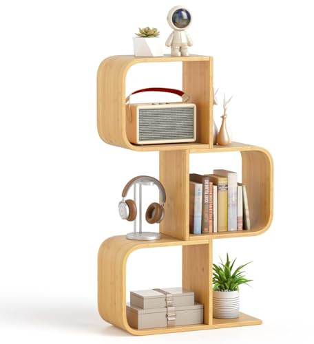 COSTWAY Bücherregal S-förmig, Standregal aus Bambus Würfelregal, Geometrisches Dekoregal Bambusregal für Wohnzimmer, Arbeitszimmer, Büro