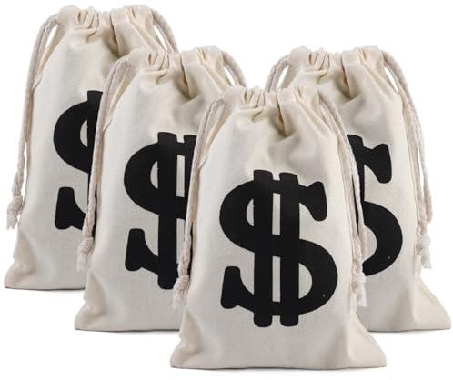 Pack of 4 Money Bags Money Bags with Dollar Sign 17 x 25 cm Bank Money Bag with Drawstring Fabric Bag Reusable Gift Bags for Scavenger Hunts, Stage Performances, Jewellery, Jewellery