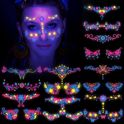 HOWAF 8 Hojas Neón Temporal Tatuajes Cara Neón Tatuaje Temporal para, UV Luz Negra Fluorescente Maquillaje Pintura Cara Tatuaje para Fiesta Mano Cuello Espalda Muñeca, C