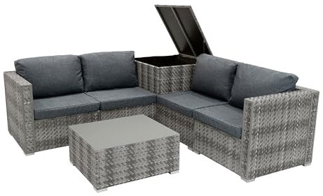 Rattan Garden Corner Furniture Set Outdoor Premium 6 Piece Grey 4 Seater Modular Sofa Chairs With Cushions Glass Top Coffee Table 250L Storage Box Metal Frame Patio Lounge Seat FREE Rain Cover