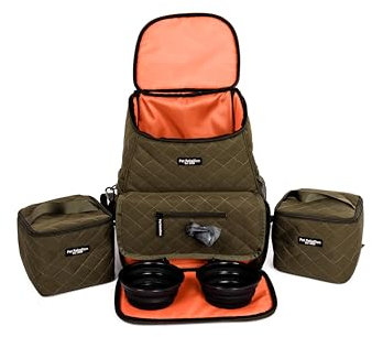 Pet Rebellion Pet Travel Bag Set | Waterproof, Wipeable Material | Built-In Poo Bag Dispenser with Two Collapsible Silicone Bowls & Food Carriers | Practical Backpack | Green