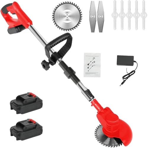 gihusrzx 24V Cordless String Trimmer, Trimmer and Edger Telescopic Rod D-Shaped Handle Cordless Electric Weed, 2 X 6.0Ah Batteries/1 X Fast Charger Included, for Lawn, Garden, Yard Red
