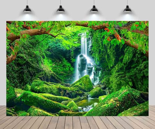 CHNBGPRO 2.1m x 1.5m Green Jungle Waterfall Backdrop for Photography Summer Nature Scenery Green Trees Flowing Falls Mountain River Background Waterfall Party Decor Photo Studio Props