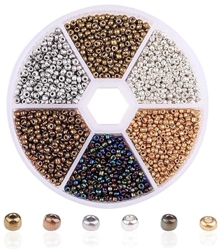 1 Box Small Round Glass Seed Beads, 2mm Mixed Colors Glass Seed Beads for Crafting, Beading, Keychain Making, About 3900Pcs, Gold Tone