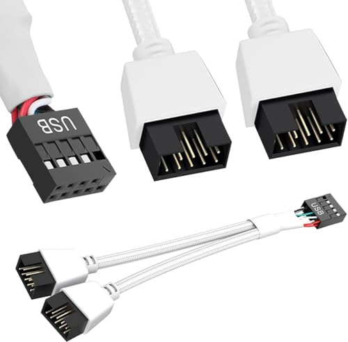 DAOKAI USB 2.0 9 Pin Splitter Mainboard,1 zu 2 9-Polige Stecker Verlängerungskabel 15cm,USB Kopfteiler,Weiß Nylon geflochten für interne Computer Mainboard-2stk