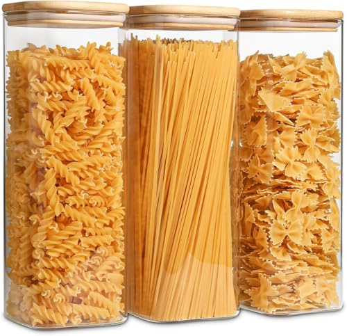 Fulfun 2100ML Glass Jars with Bamboo Lids, 3pcs Air Tight Kitchen Food Cereal Containers for Storage,Canister Set for Jam Pasta Spaghetti Tea Coffee Beans Cookie Snack Flour