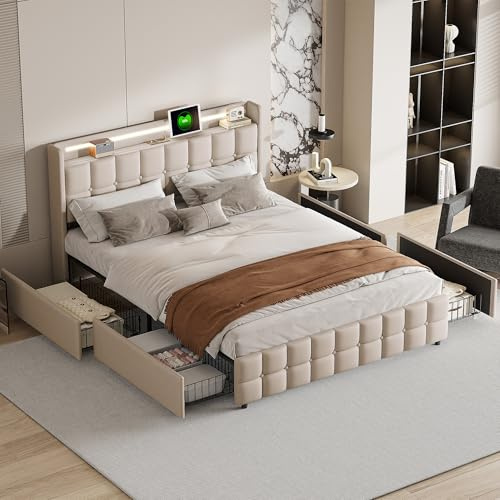 Bett 180x200, Polsterbett Doppelbett mit LED und USB, 4 Schubladen, Kopfteil mit Stauraum, Bettgestell Stauraumbetten mit Lattenrost, Jugendbett, Lattenrost aus Holz, Leinen, Beige, Ohne Matratze