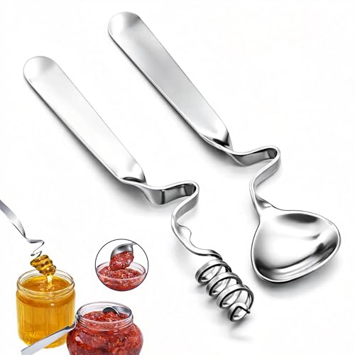 Ensemble de cuillères à miel et à confiture en acier inoxydable antirouille - Design pratique avec crochets - Cuillère spirale et cuillère à confiture - Idéal pour servir miel, confiture et desserts