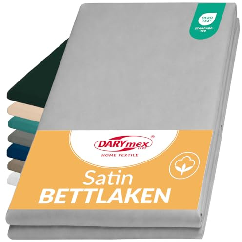 DarymexLaken ohne Gummizug, Baumwoll-Satin, 200x220 cm, Aschgrau | Flaches glattes Betttuch, glänzendes Baumwolllaken, Satin-Bettwäsche, pflegeleicht, waschbar 60°C
