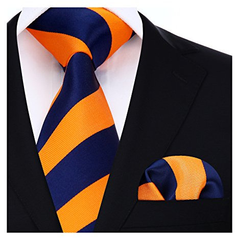 HISDERN Herren Krawatte Gestreifte Hochzeit Krawatte & Einstecktuch Set Marineblau und Orange