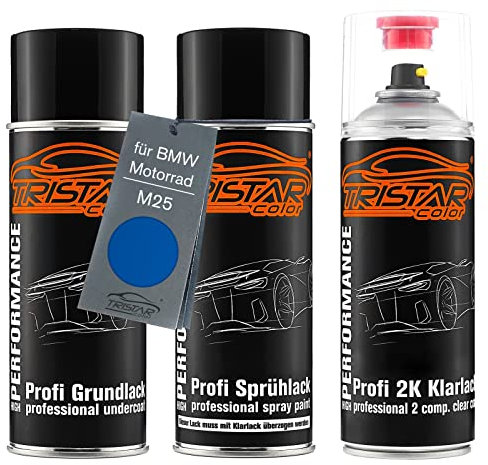 TRISTARcolor Motorradlack 2K Spraydosen Set für BMW Motorrad M25 Lupin Blue Grundlack Basislack 2 Komponenten Klarlack Sprühdose