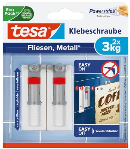 tesa 77765–00002–00 abnehmbarer verstellbarer Schraube für Fliesen, Metall und glatten Oberflächen selbstklebend, weiß