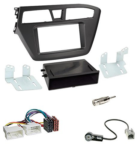 Einbauset : Autoradio Doppel-DIN 2-DIN 2 DIN Radioblende Radio Blende Halterung + Ablagefach schwarz + ISO Radioanschlusskabel Radio Adapter + Antennenadapter für Hyundai i20 ab 12/2014