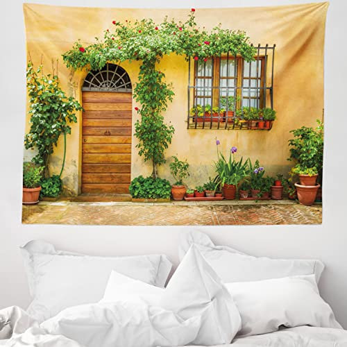 ABAKUHAUS Italien Wandteppich und Tagesdecke, Stadtleben in der Toskana, aus Weiches Mikrofaser Stoff Für den Wohn und Schlafzimmer Druck, 150 x 110 cm, Grün braun Aprikose