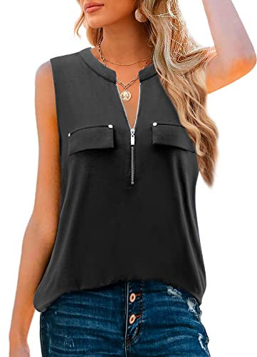 Amrto Damen Tops, Casual V-Ausschnitt Ärmellose Bluse Oberteil mit Reißverschluss, Loose Einfarbige Tunika Longbluse, Schwarz L
