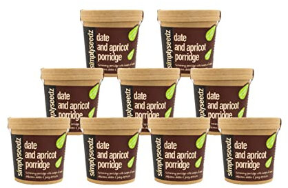 Simplyseedz Jumbo Oats Porridge Pot Date & Apricot. Plant Based, Fiber Rich Breakfast with Pumpkin and Sunflower Seeds. Convenient On-the-Go Solution 9 Pack of 60g Pots