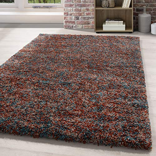 HomebyHome Hochflor Teppich 80x150 cm Terrakotta Meliertes Design, Weich & Pflegeleicht, Shaggy Teppich mit Jute-Rücken Für Schlafzimmer, Flur, Wohnzimmer