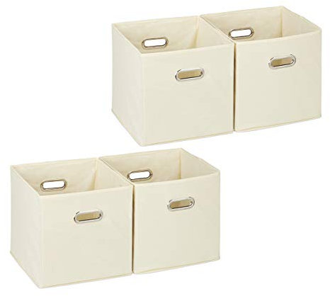 4 x Aufbewahrungsbox, Regalkorb ohne Deckel, Faltkiste mit Griff, Regalbox faltbar, Stoffbox quadratisch, 30 cm, beige