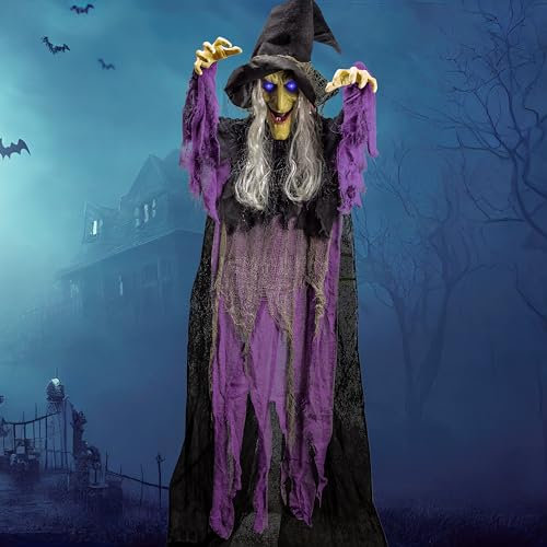 JOYIN 182,9 cm hängende animierte sprechende Hexe Dekoration (blau) mit leuchtenden Augen und Soundaktivierungsfunktion für Halloween Spukhaus Requisiten-Dekor, Halloween-Hängedekorationen