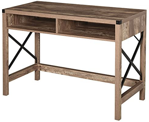 HOMCOM Bureau Design Industriel Grand Plateau 2 niches métal Noir Panneaux Particules Imitation Bois veinage Marron