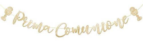 【Italienisch】„Prima Comunione“ Girlande Glitzer Gold Taufe Sakrament Deko Papier Banner für Junge Mädchen Party Dekoration zum Aufhängen Baby Zubehör