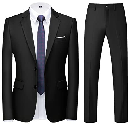 KUDORO Costume Homme 2 pièces Slim Fit Smoking Simple Poitrine à Deux Boutons, Men Suits 2 Piece Noir pour Mariage Business Fête Confort Elégant Blazer Veste et Pantalon(Noir,S