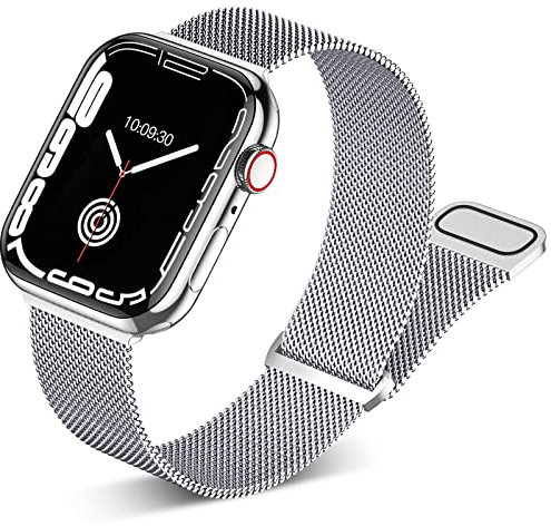 Faliogo kompatibel mit Apple Watch Armband 44mm 42mm 45mm 49mm für Damen/Herren, Edelstahl Metall Mesh Armband mit Magnet für iWatch Armband Series 8 7 6 5 4 3 2 1 SE, 42mm/44mm/45mm/49mm, Silber